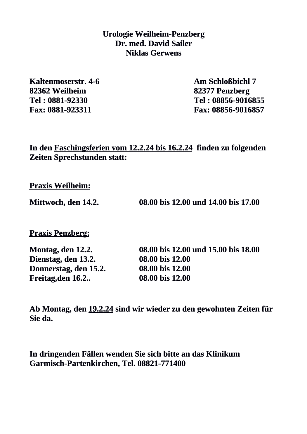  ffnungszeiten Fasching 2024 Urologie Weilheim Penzberg